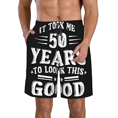 Happy 50th Birthday Men's Swim Trunks Quick Dry with Mesh Lining Beach Shorts Bathing Suit Swimwear Large