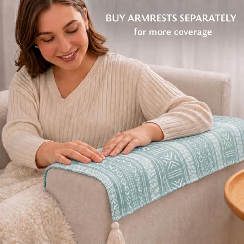 Image of STITCHNEST 'Verdant Bohemian Stories' 1 Seater Sofa Cover - Full Coverage| Elegant Jacquard Fabric, Decorative Tassels, Washable & Durable for Modern Living