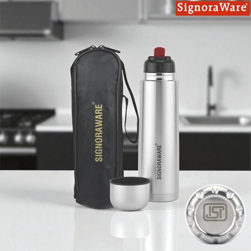 Image of SignoraWare Bullet Stainless Steel Vaccum Insulated ISI Certified Cola Bottle with Protective Cover | Airtight & Leakproof | Hot & Cold for Hours | Durable Flask for Outdoor Use (500ml | Steel)