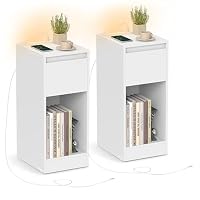 VASAGLE - Slim Bedside Tables with Charging Station and LED Light, Set of 2 Narrow Side End Tables, USB Ports, for Bedroom, Living Room, Cloud White KAILYN Collection LET710W01