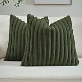 FUTEI Olive Green Throw Pillow Covers Set of 2, 18x18 Inch Soft Faux Rabbit Fur Striped Texture Cushion Cases, Modern Decorative Couch Pillows for Living Room Bed