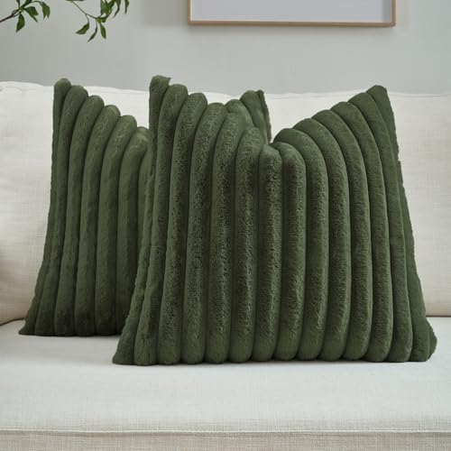 FUTEI Pack of 2 Fluffy Faux Fur Throw Pillow Covers 18x18 Inch Elegant Striped Textured Decorative Cushion Cases Modern Accent Pillow for Couch Bed Living Room Olive Green