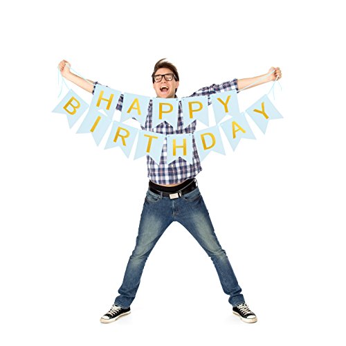 Happy Birthday Blue Banner with Shimmering Gold Letters Blue Paper Bunting Sign for Birthday Party Decorations