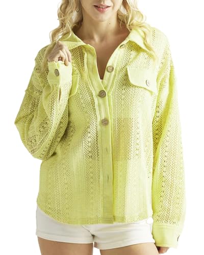 noflik 100% Cotton Boho Crochet Lace Button Down Shacket(Lime, M)