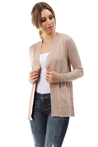 Open Front Solid Color Long Sleeve Sweater Cardigan, Khaki, Large