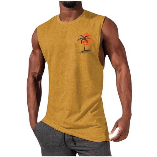 Image of Mens Summer Beach Tank Top Hawaiian Palm Tree Print Sleeveless Muscle Basic Tee Vacation Tops