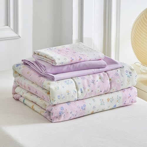 Image of Joyreap 4 Piece Cotton Toddler Bedding Set- Purplish Pink Floral Patchwork Design, Toddler Comforter Set for Girls, Includes Quilted Comforter, Fitted Sheet, Top Sheet, and Pillow Case