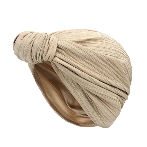 3Z Funjxhey Women's Turban Braided Headwear Headscarf Chemo Cap Pre-Tied Beanie Hat Head Wrap Sleep Hat Hair Loss Hat 2 Pcs Headwraps Pleated African (Khaki) Cover