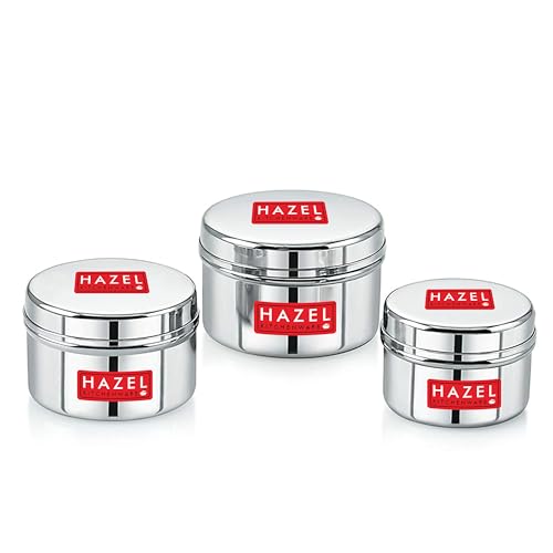 HAZEL Stainless Steel Mini Containers 50 Ml, 100 Ml & 150 Ml Airtight Dabbi Set Of 3, Silver