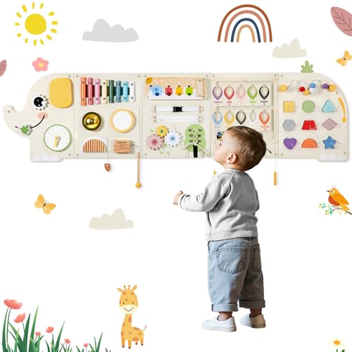 Image of Elephant Activity Wall Busy Board Panels,Wooden Montessori Learning Activity Center Sensory Toys Wooden Sensory Wall Panel for Kids Ideal Furniture for Playroom Daycare Dentist Waiting Room Nursery