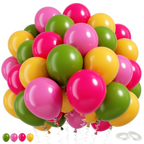 Image of Pink Yellow Green Balloons, 60 Pcs 12 Inch Olive Green Yellow Peach Pink Rose Red Latex Balloons for Summer Birthday Baby Shower Party Decorations