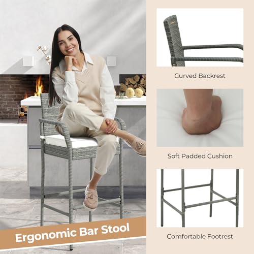 image for COSTWAY Wicker Bar Stools Set of 4, Patio Bar Height Chairs with Cushi