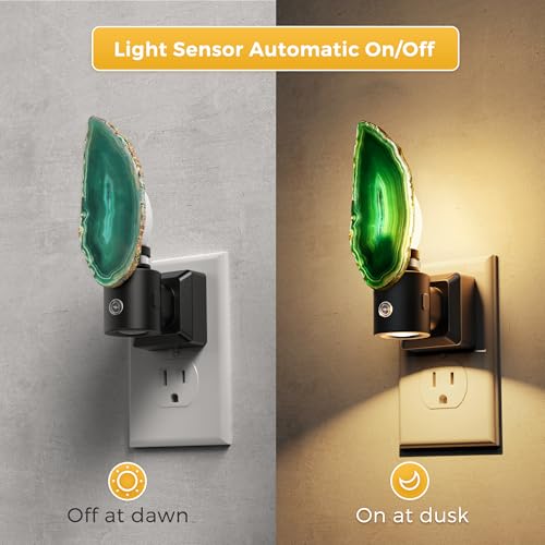 Image of L LOHAS LED Night Lights Plug into Wall, Agate Nightlight Rotating 350 | Dimmable Dusk to Dawn Sensor, Healing Stone Green Agate Decorative Nightlight for Bedroom, Living Room [2 Pack]