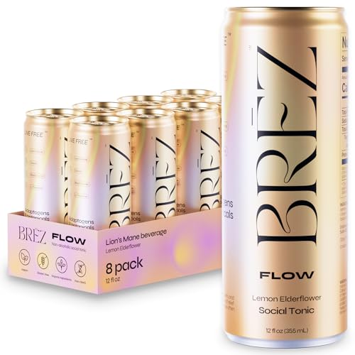 BREZ-FLOW-Lions-Mane-Mushroom-Drink-8-Pack-Lemon-Elderflower-Supports-Mood-Focus-Non-Alcoholic-Sparkling-Adaptogen-Drink-Functional-Mushrooms-Feel-Clear-Calm-Refreshed-12-Fl-oz-Cans