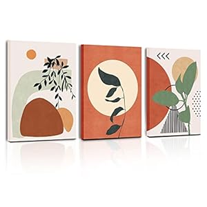 hyidecorart Tableau Boho Chic, Tableau Decoration Murale Salon Feuilles Abstraites Orange Et Soleil, Nordique Minimaliste Moderne Decoration Murale Chambre Salle De Bain Cuisine Bureau