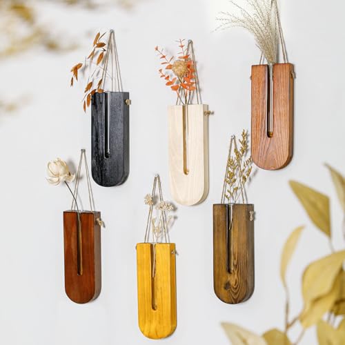 6 Pack Wall Planters for Indoor Plants, Wooden Hanging Planter, Propagation Station, Wooden Pocket Vase, Wood Wall Decor for Living Room Bedroom Bathroom