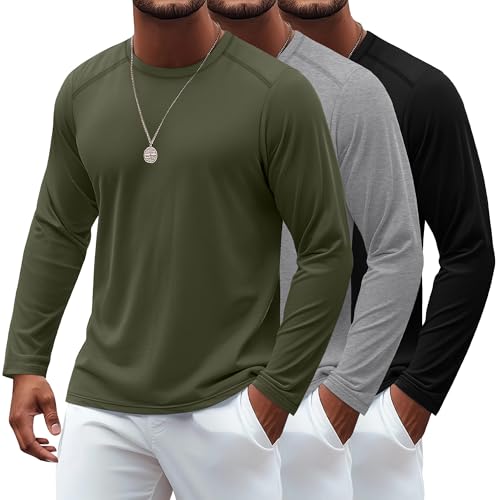 Ficerd 3 Pack Men's Big and Tall Shirts, Long Sleeve Basic T Shirts Athletic Loose Fit Tops Crew Neck Stretch Pullover Tee