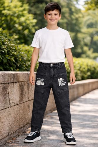 Image of Boys Cargo Pants, Kids Cargo Jeans with Pockets, Adjustable Waist, Stretch Denim Casual Pants for Boys