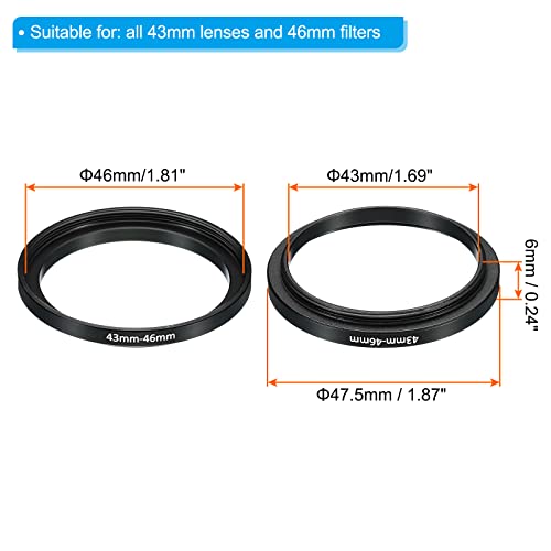 Image of PATIKIL 43mm-46mm Metal Step Up Ring, 2 Pack Camera Lens Filter Adapter Ring Aluminum Filter Adapter Ring for Camera Lenses Hood, Black