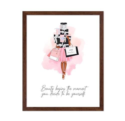 Image of Poster Master Lady with Shopping Bags Poster - Fashion Print - Trendy Art - Modern Art - Gift for Women & Fashionista - Luxury Haute Couture Decor for Bedroom or Girl's Room, 16x20 Brown Framed