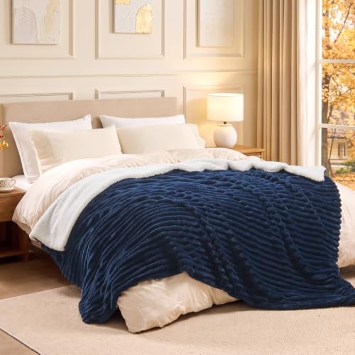 Image of BEDELITE Soft Sherpa Queen Blanket for Couch, Fluffy Gift, Navy, 90x90