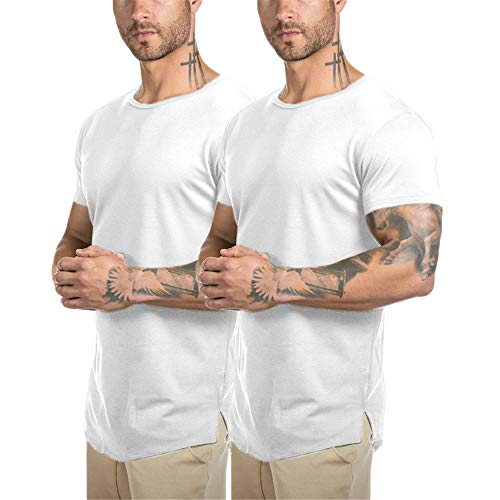 Mens Longline Gym Muscle Bodybuilding Tshirts Hipster Reflective Line Scallop Crewneck Tees Shirts Tops - - S