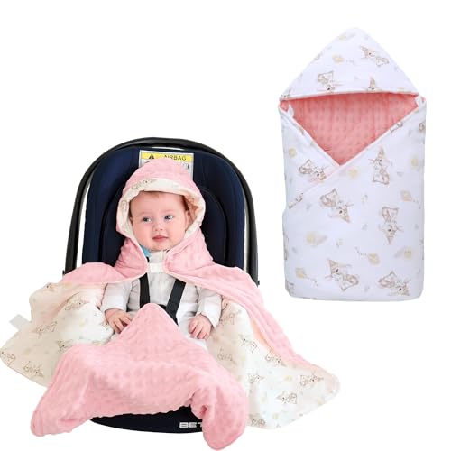 Image of LAT LEE AND TOWN Winter Baby Car Seat Blanket-Universal CarSeat Covers for Babies,Thicken Warm Swaddle Blankets for Infants Newborn,Baby Bunting for Stroller,35"x35"(Hat Rabbit+Light Pink)