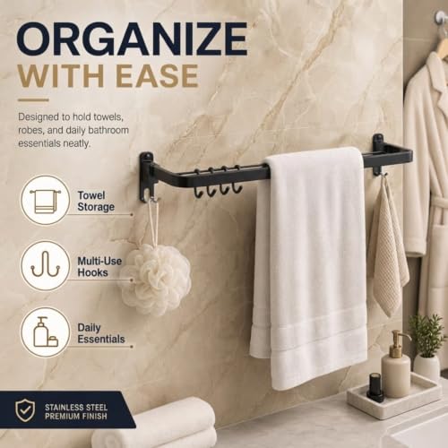 Image of Well Set Stainless Steel Foldable Towel Rack for Bathroom | Wall Mounted Towel Holder with Shelf | Durable Rust-Free Space Saving Bathroom Accessory (Black, Small)