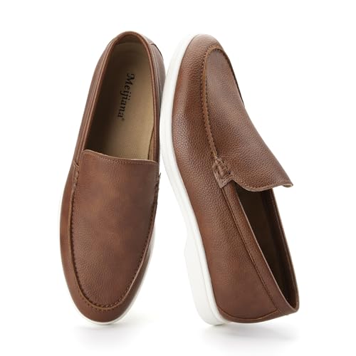 Image of Meijiana Men's Genuine Leather Loafers Slip-On Moccasins Dress Shoes, Lightweight and Breathable with Rubber Sole Stylish Mens Loafers