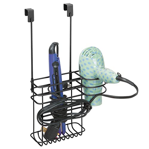 mDesign Metal Bathroom 2 Section Storage Tool Organizer Basket Tray - Hang Over Cabinet Door - Storage for Hair Dryer, Straightener, Curling Iron, Styling Products - Concerto Collection - Matte Black