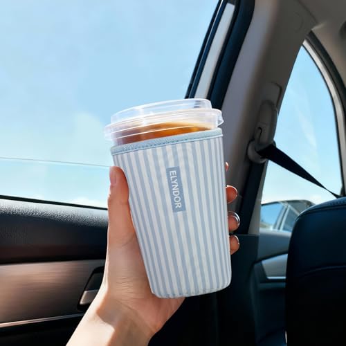 Image of Reusable Insulated Sleeve for Iced Coffee Cup, 3-Pack Coffee Neoprene Drink Sleeve for Cold & Hot Drinks, Beverage Holder for Iced Coffee (Blue Stripes)