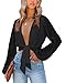 LYANER Women's Deep V Neck Tie Front Knot Long Sleeve Sexy Wrap Crop Top Blouse Pure Black Large