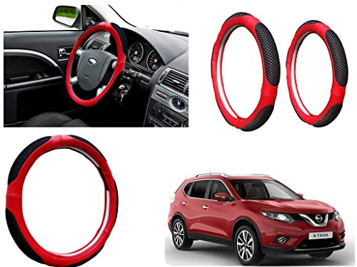 Image of Microfiber Car Steering Wheel Cover, Soft Padding Great Hand Feel, Anti-Slip, Faux Leather Steering Cover for Nissan X Trail | Black Red Jali - Pack of 1