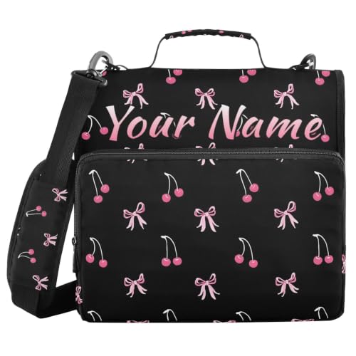 Image of Custom 3 Ring Zipper Binder Black Pink Bow Cherry Personalized Name 1.5 Inch Binders Large Capacity Multi Pockets for School Office Supplies