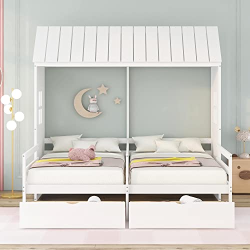 Eafurn Double Twin Size House Bed With 2 Storage Drawers, Solid Wood Tent Beds Frame With Roof And Windows, 2 In 1 Platform Bed For Kids Teens,No Box Spring Needed #TOP2
