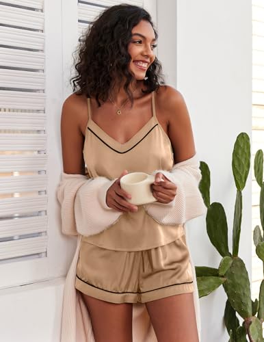 Image of Ekouaer Pajamas for Women Set Silk Satin Pjs Sexy Lingerie Sleepwear Cami Shorts Set Summer Nightwear S-XXL