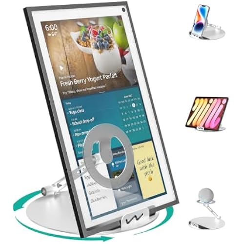 WALI Echo Show 15/21 Stand, Adjustable Stand for Echo Show 15/21 and Up to 18" Tablets/Portable Monitors, 360 Degrees Rotating Tilt Foldable Show 15, 21 Accessories for Kitchen Home Office, Silver