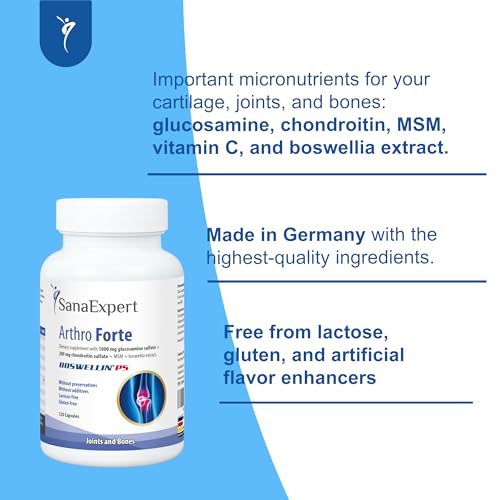 SanaExpert® Arthro Forte, Nahrungsergänzung für Gelenke, Knochen, Knorpel mit MSM, Glucosaminsulfat, Weihrauch, Chondroitin, ohne Zusätze, 120 Kapseln