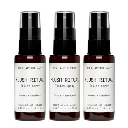 Image of Muse Apothecary Flush Ritual - Aromatic & Refreshing Toilet Spray, Use Before You Go, Infused with Natural Essential Oils - Coconut + Sandalwood - Travel Size Mini Collection, 0.45 oz, 3 Pack