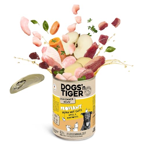 Dogs’n Tiger Adult Hundefutter, Proviant, Hundenassfutter mit Huhn, Ente, Apfel & Kartoffeln - ohne Getreide, Zuckerzusatz, künstliche Konservierungsstoffe, optimale Verträglichkeit, 6X 400g