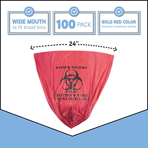 Biohazard Waste Bags 10-Gallon 24X24 Red Hazardous Trash Can Liners – Medical Grade No Leak Bags - Biohazard Symbol For Safe Infectious Waste Disposal. Great For Lab Containers, Swabs, Pads, Gloves (100 Pack) #TOP1