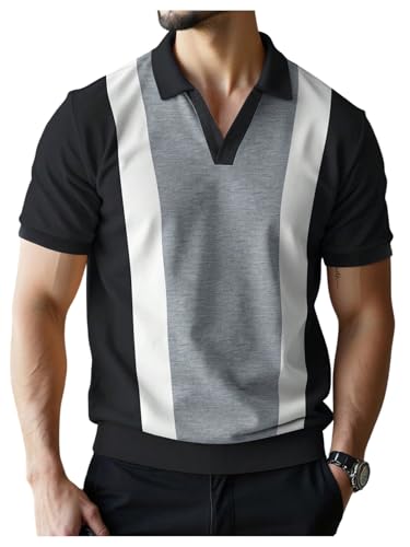 SOLY HUX Men's Color Block Shirts Collar V Neck Short Sleeve Casual Summer Work Golf Shirt