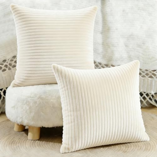 ABOHU Set of 2 Striped Corduroy Square Throw Pillow Case Soft Corduroy Pillow Cover Sham Home Decorative Pillowcases 45 x 45cm18 x 18 Inches for Home decor Sofa Couch Bedroom Creamy White