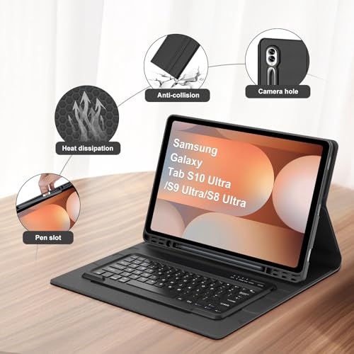 Image of Case with Keyboard for Samsung Galaxy S10 Ultra /S9 Ultra /S8 Ultra 14.6 inch | Magnetic Detachable Wireless Bluetooth Keyboard, Slim Protective Folio Case with S Pen Holder, Auto Sleep /Wake