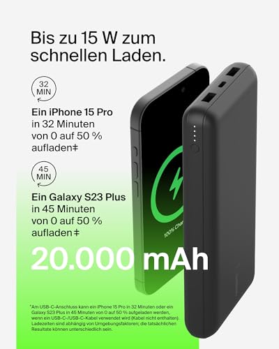 Belkin tragbares USB-C-Ladegerät, 20.000mAh, 20K Powerbank mit USB-C-Ein-/Ausgang und 2 USB-A-Anschlüssen mit USB-C/USB-A-Kabel für iPhone, Galaxy, Pixel, iPad, AirPods und andere Geräte – Schwarz – Bild 5