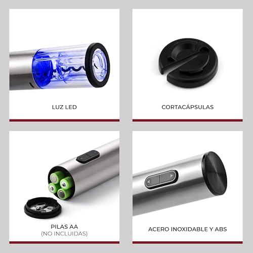 Miniatura 4 de Vinak Sacacorchos Eléctrico A Pilas En Acero Inoxidable Con Cortacápsulas Y Espiral Teflonada Abridor Eléctrico De Diseño Moderno Abrebotellas Sin Esfuerzo A - Sacacorchos Eléctrico