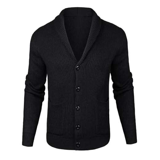 Sykooria Herr sjal V-ringad stickad knapp ner ull cardigan tröja med fickor, Svart (tjock), S