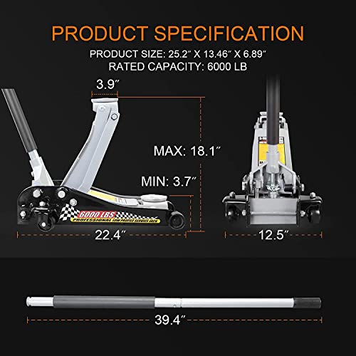 Hpdmc Hydraulic Low Profile Steel Racing Floor Jack 3 Ton (6,000 Lb) Capacity With Single Piston Quick Lift Pump, Black #TOP2