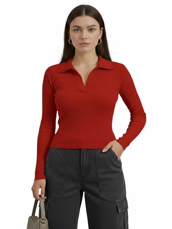 Image of Dream Beauty Fashion Women's Collared Neck Long Sleeve Slim Fit Casual Tee Top for Woman