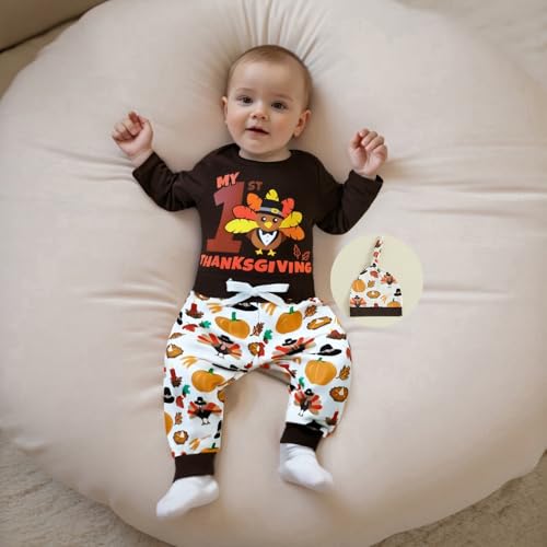 My 1st Thanksgiving Baby Boy Outfit Turkey Print Long Sleeve Romper Elastic Waist Pants Hat Set 3 Piece Fall Clothes2